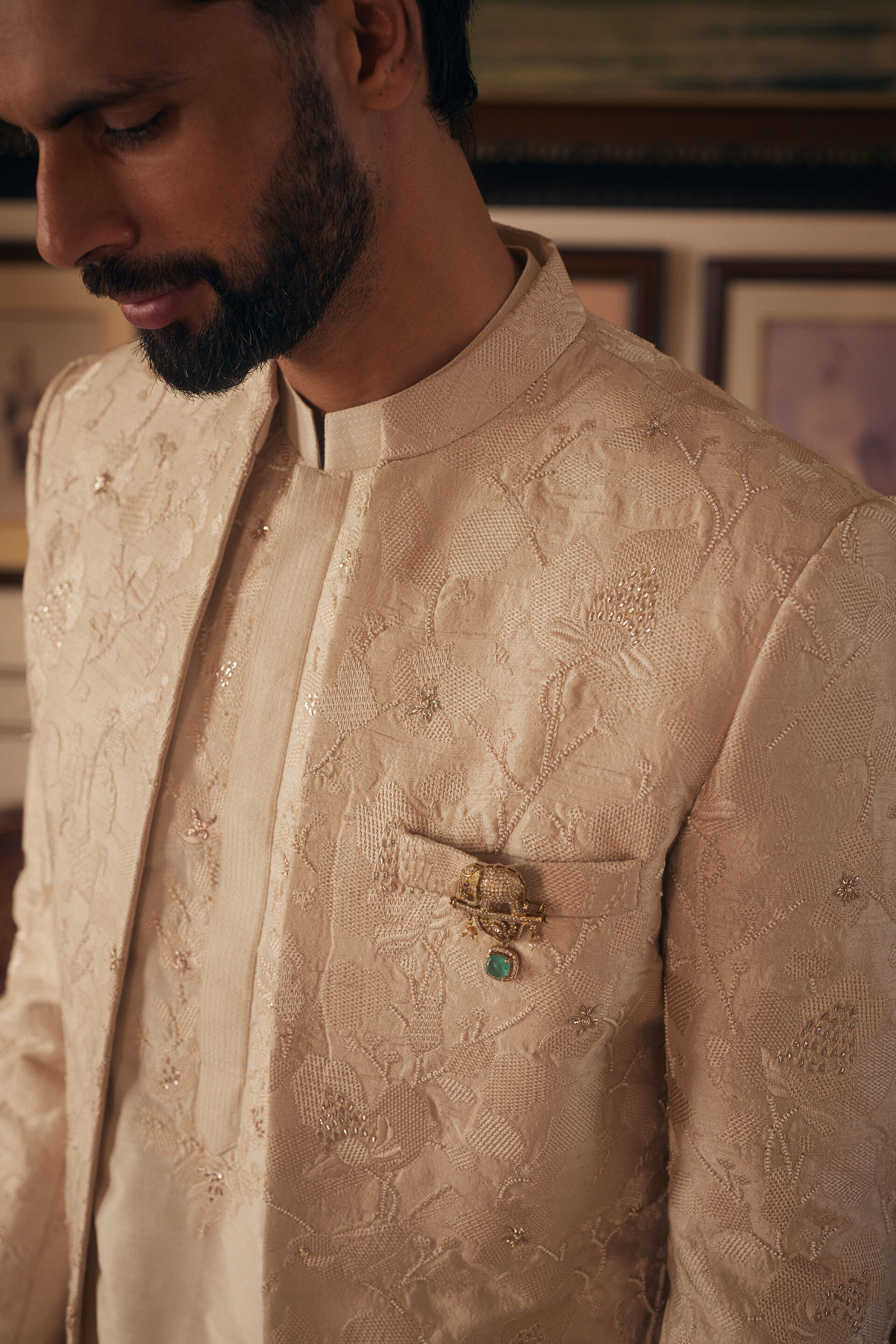 Gurbaz Embroidered Silk Sherwani - Ivory, Ivory, image 4